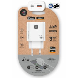 Tech One Tech TEC2245 Cargador de Pared GaN 45W USB-C y USB-A Blanco